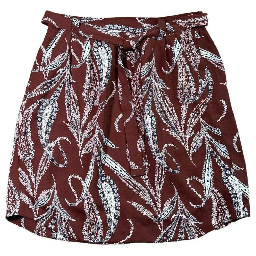 Loft Brown Bohemian Floral Paisley Skirt Size XS Tie Front Elastic Waist Pockets